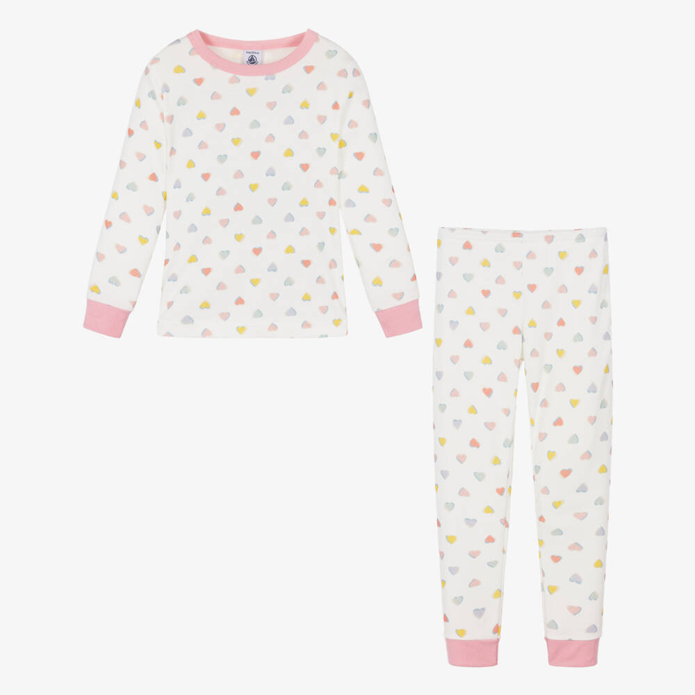 Petit Bateau-Girls Ivory Cotton Pyjamas with Heart Print | Childrensalon