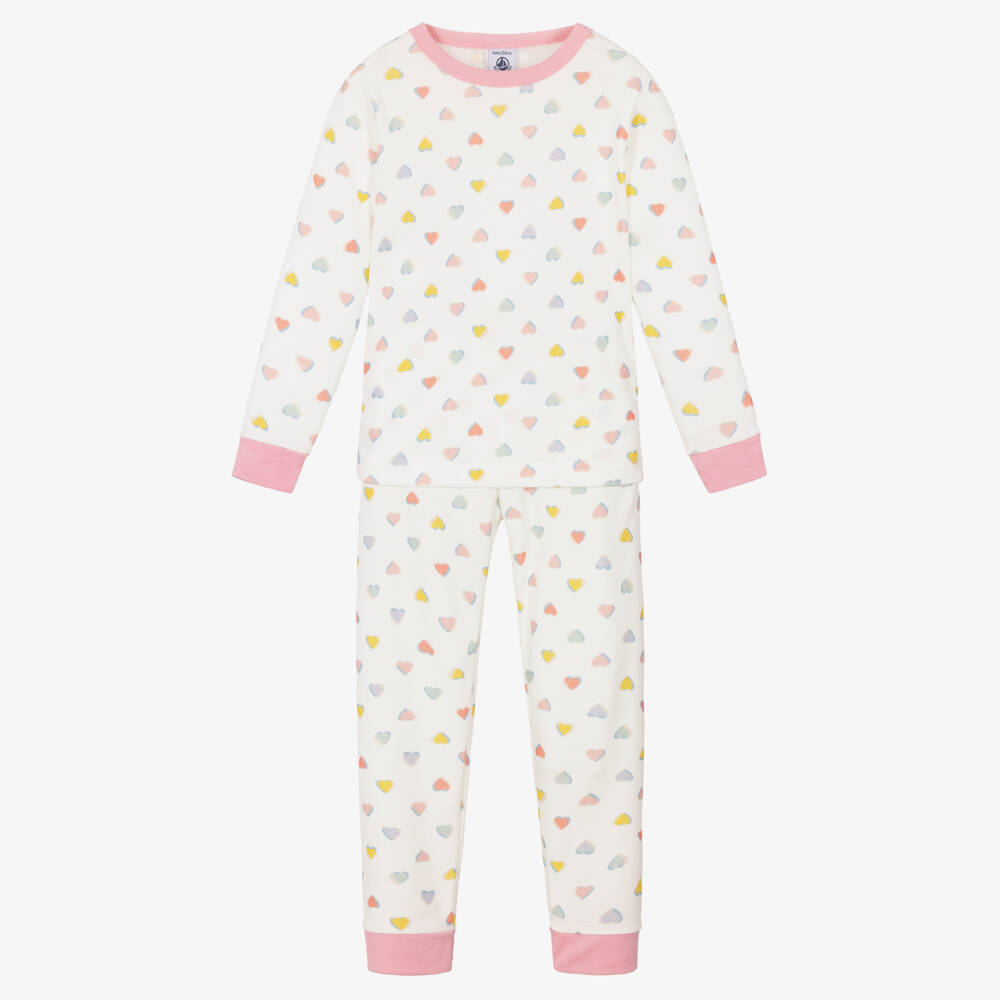 Petit Bateau-Girls Ivory Cotton Pyjamas with Heart Print | Childrensalon