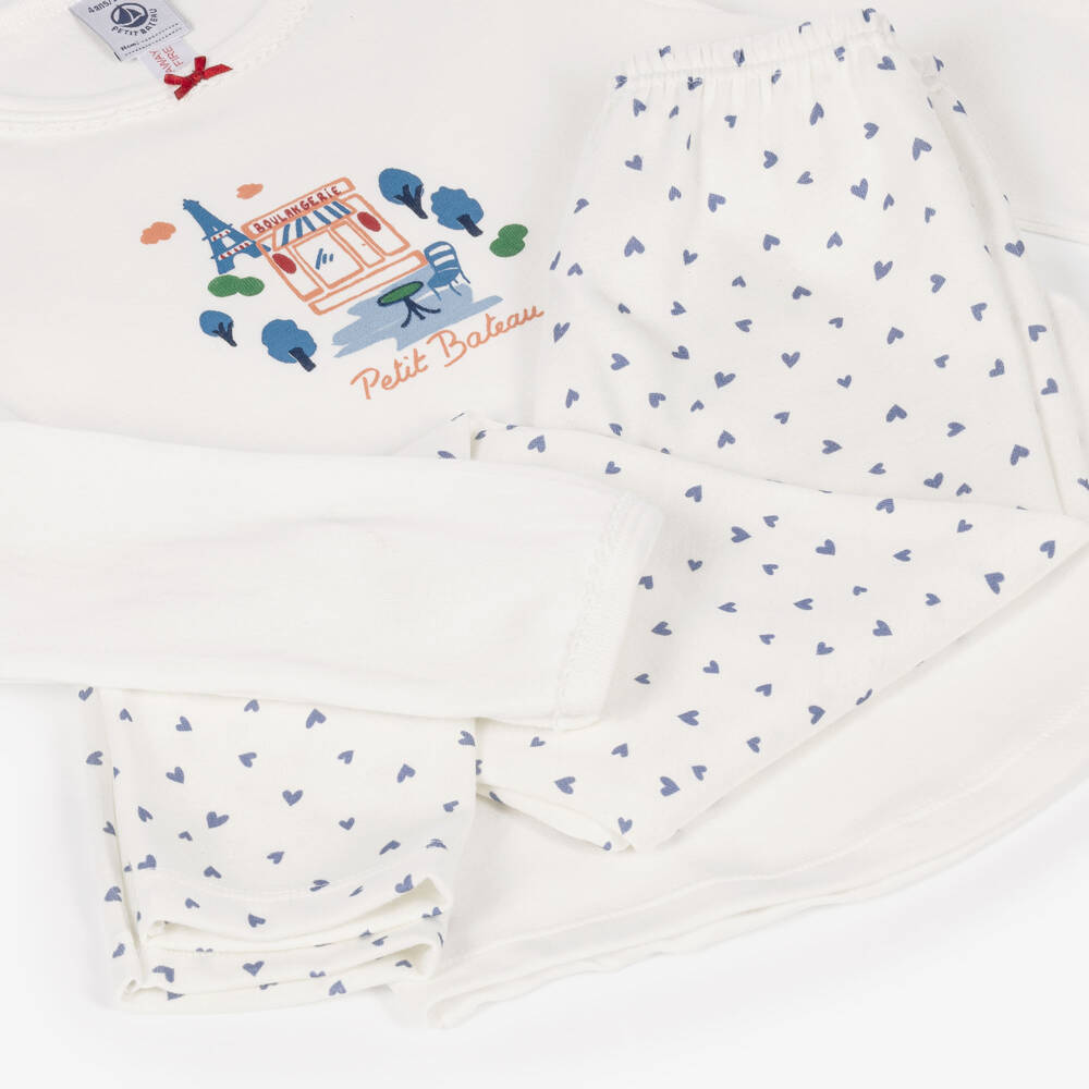 Petit Bateau-Girls Ivory Cotton Pyjamas with Paris Motif | Childrensalon