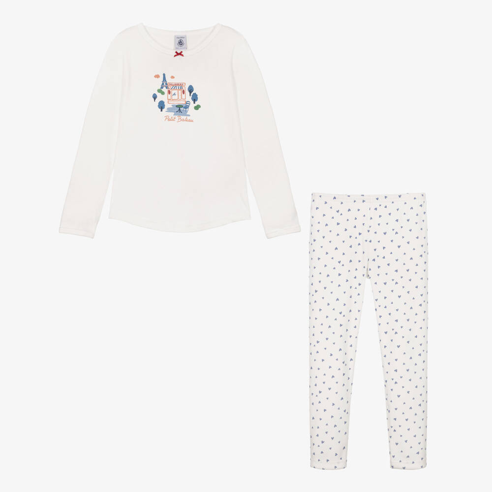 Petit Bateau-Girls Ivory Cotton Pyjamas with Paris Motif | Childrensalon