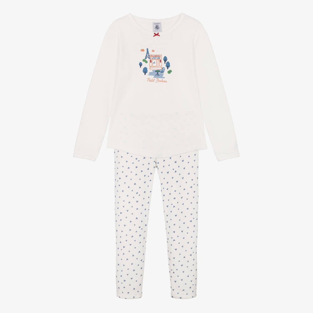 Petit Bateau-Girls Ivory Cotton Pyjamas with Paris Motif | Childrensalon