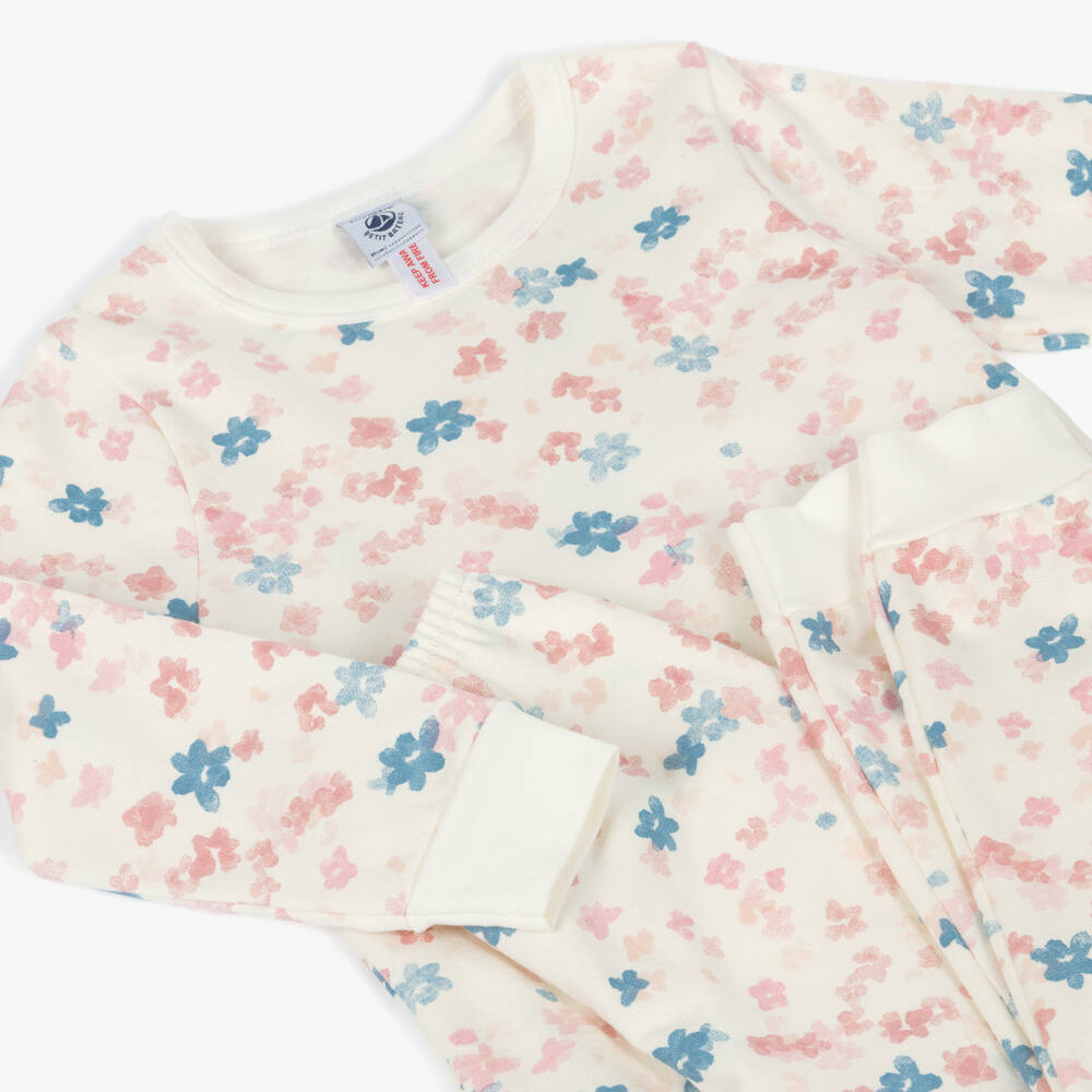 Petit Bateau-Girls Ivory Cotton Pyjamas with Pink & Blue Floral Print | Childrensalon