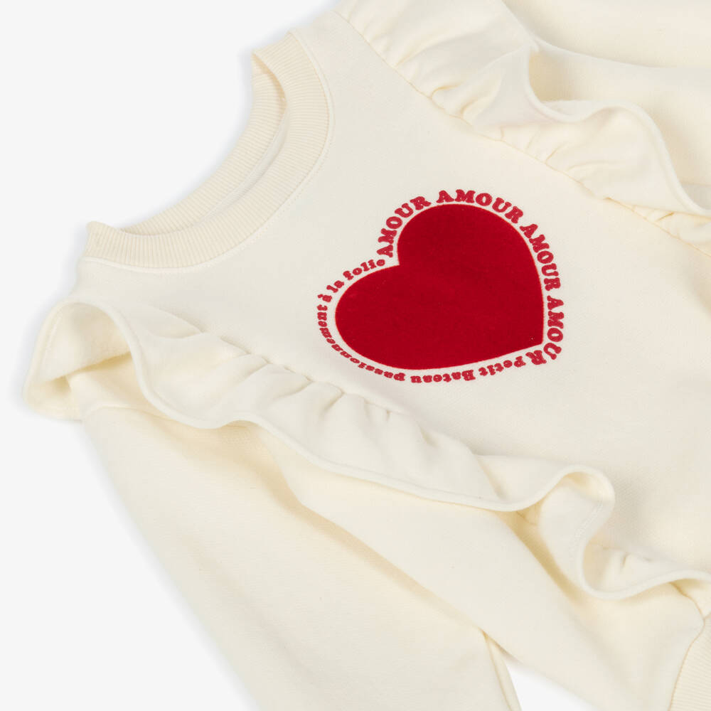 Petit Bateau-Girls Ivory Cotton Ruffle Sweatshirt with Flocked Red Heart  | Childrensalon