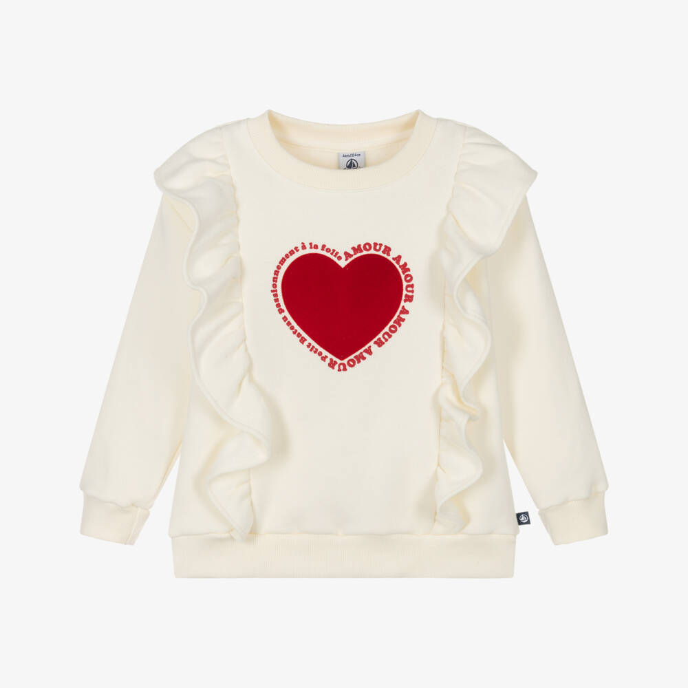 Petit Bateau-Girls Ivory Cotton Ruffle Sweatshirt with Flocked Red Heart  | Childrensalon