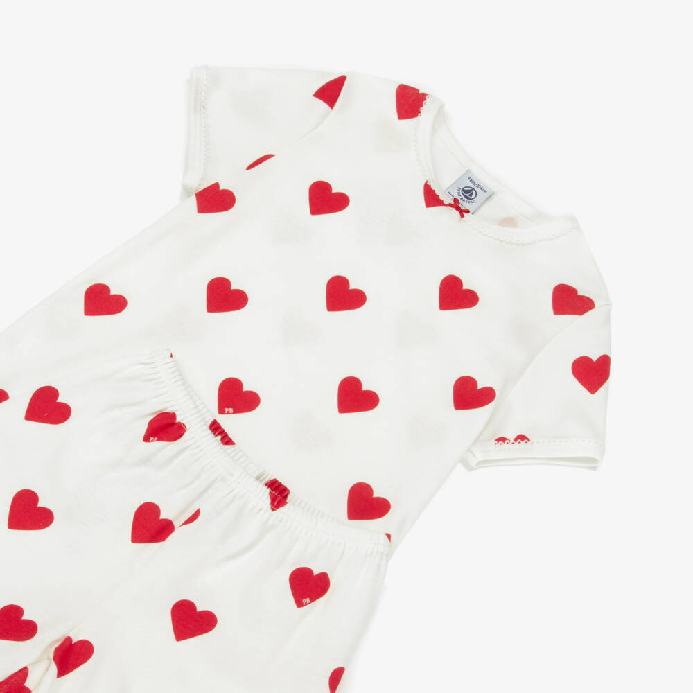 Petit Bateau-Girls Ivory Cotton Short Pyjamas with Red Hearts | Childrensalon