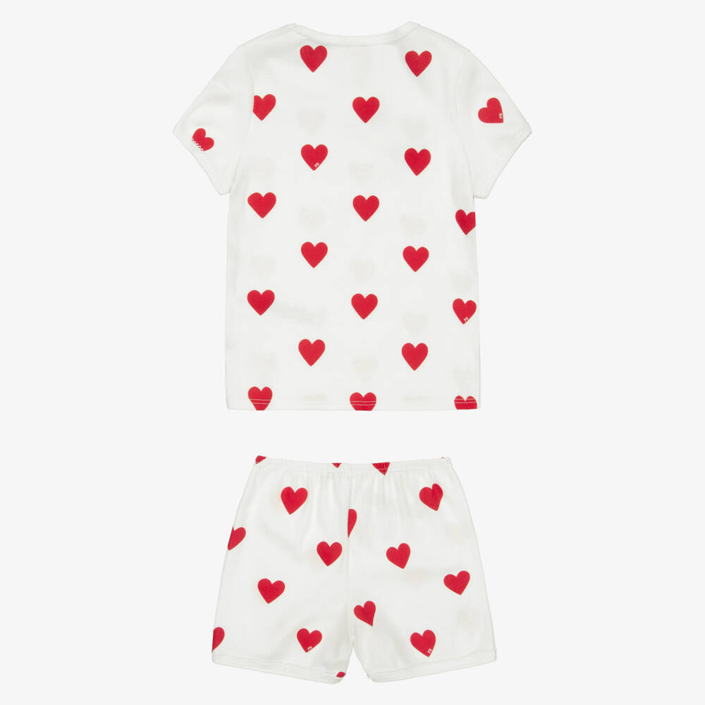 Petit Bateau-Girls Ivory Cotton Short Pyjamas with Red Hearts | Childrensalon