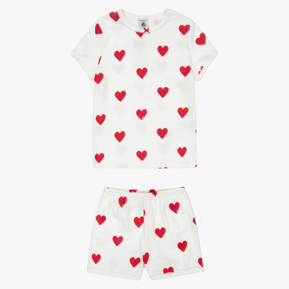 Petit Bateau-Girls Ivory Cotton Short Pyjamas with Red Hearts | Childrensalon