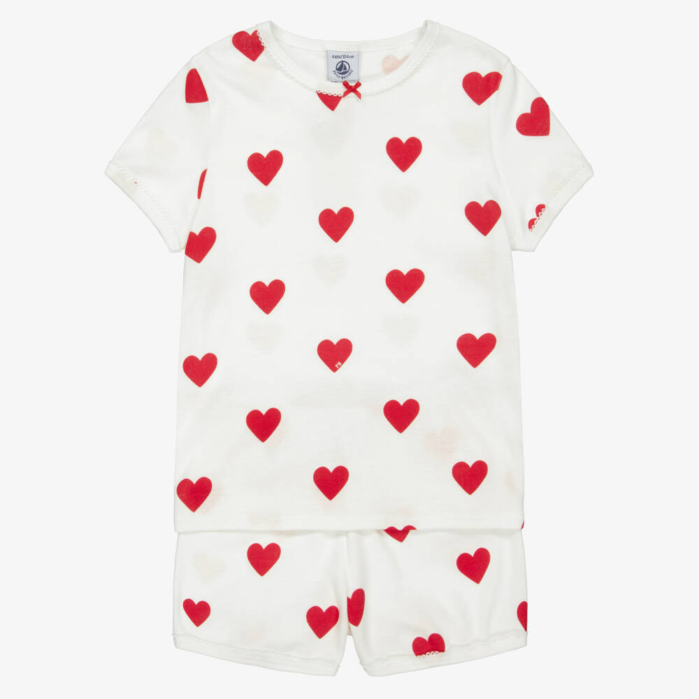 Petit Bateau-Girls Ivory Cotton Short Pyjamas with Red Hearts | Childrensalon