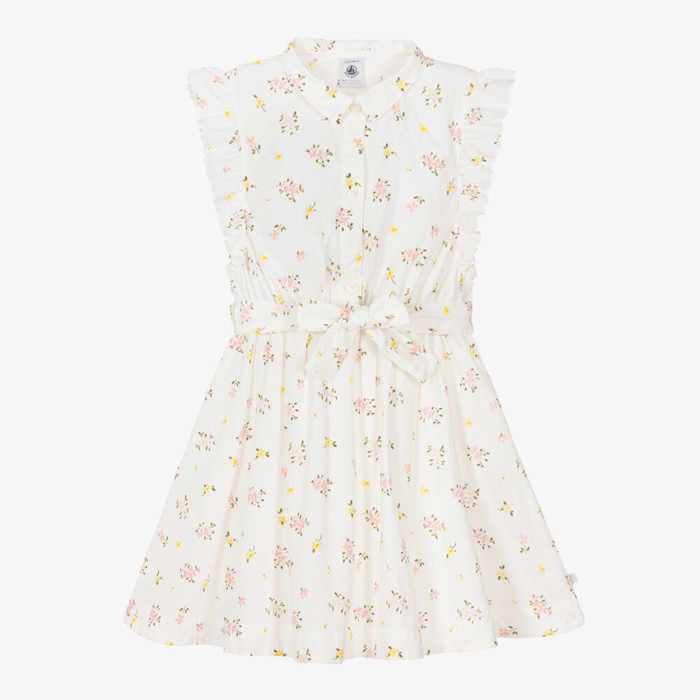 Petit Bateau-Girls Ivory Cotton Sun Dress with Floral Print | Childrensalon