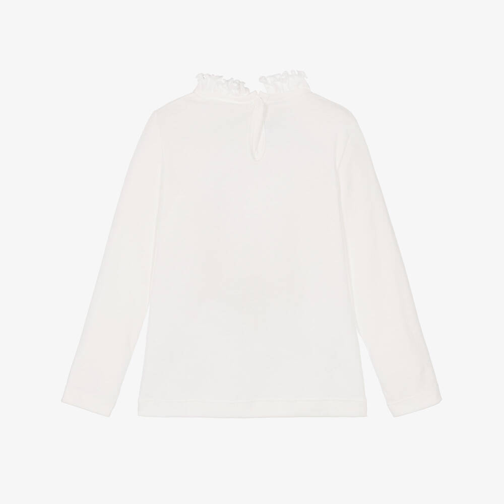 Petit Bateau-Girls Ivory Cotton Top with Frilly Collar | Childrensalon