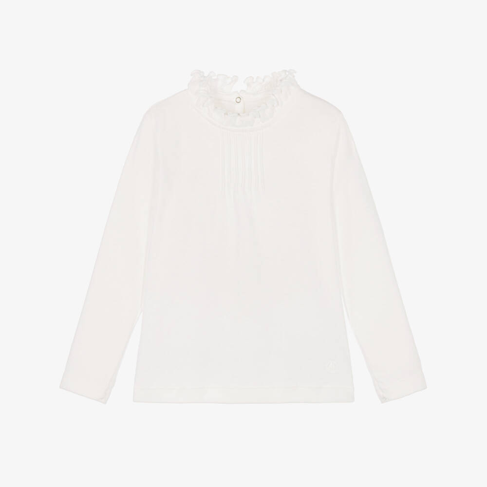 Petit Bateau-Girls Ivory Cotton Top with Frilly Collar | Childrensalon
