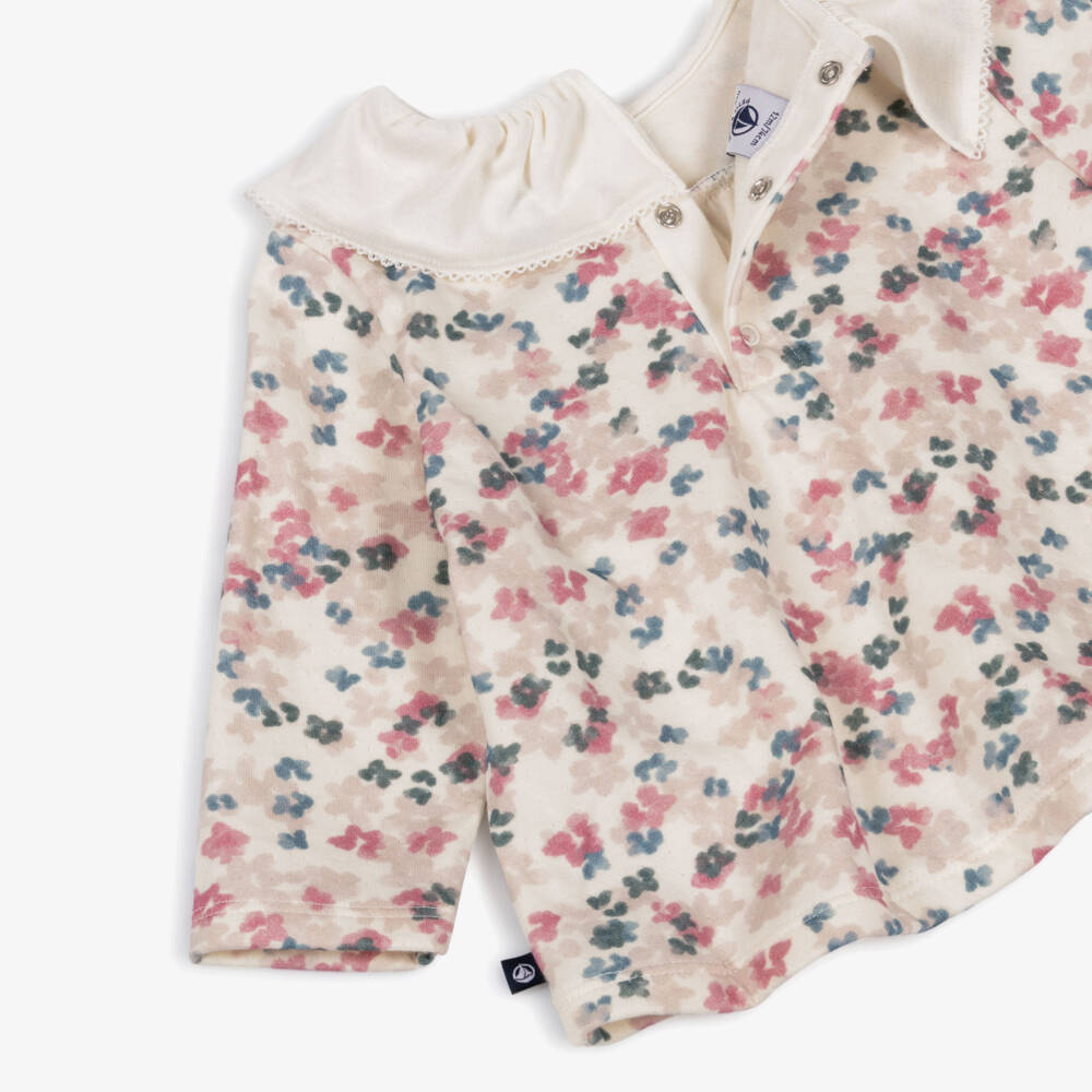 Petit Bateau-Girls Ivory Cotton Top with Pink & Blue Floral Pattern | Childrensalon