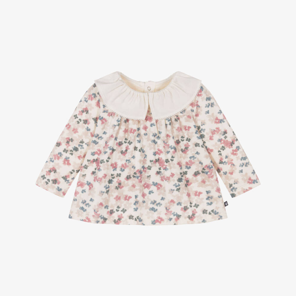 Petit Bateau-Girls Ivory Cotton Top with Pink & Blue Floral Pattern | Childrensalon