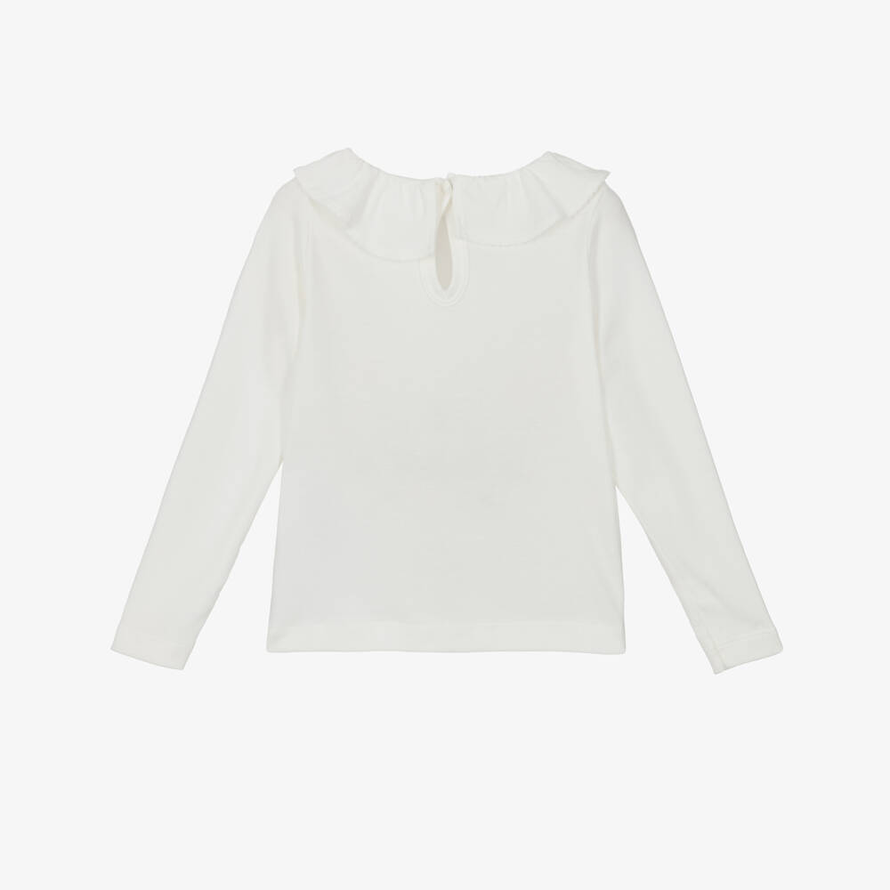 Petit Bateau-Girls Ivory Cotton Top with Ruffle Collar | Childrensalon