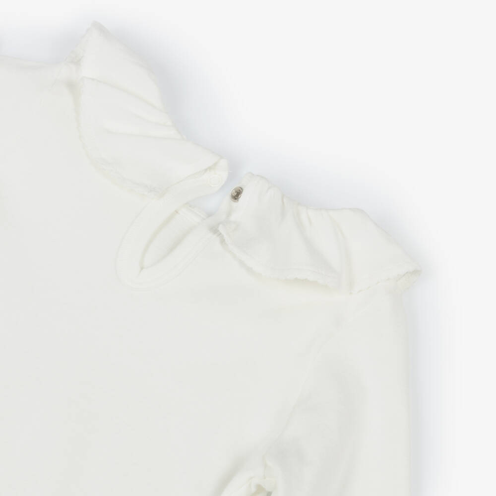 Petit Bateau-Girls Ivory Cotton Top with Ruffle Collar | Childrensalon