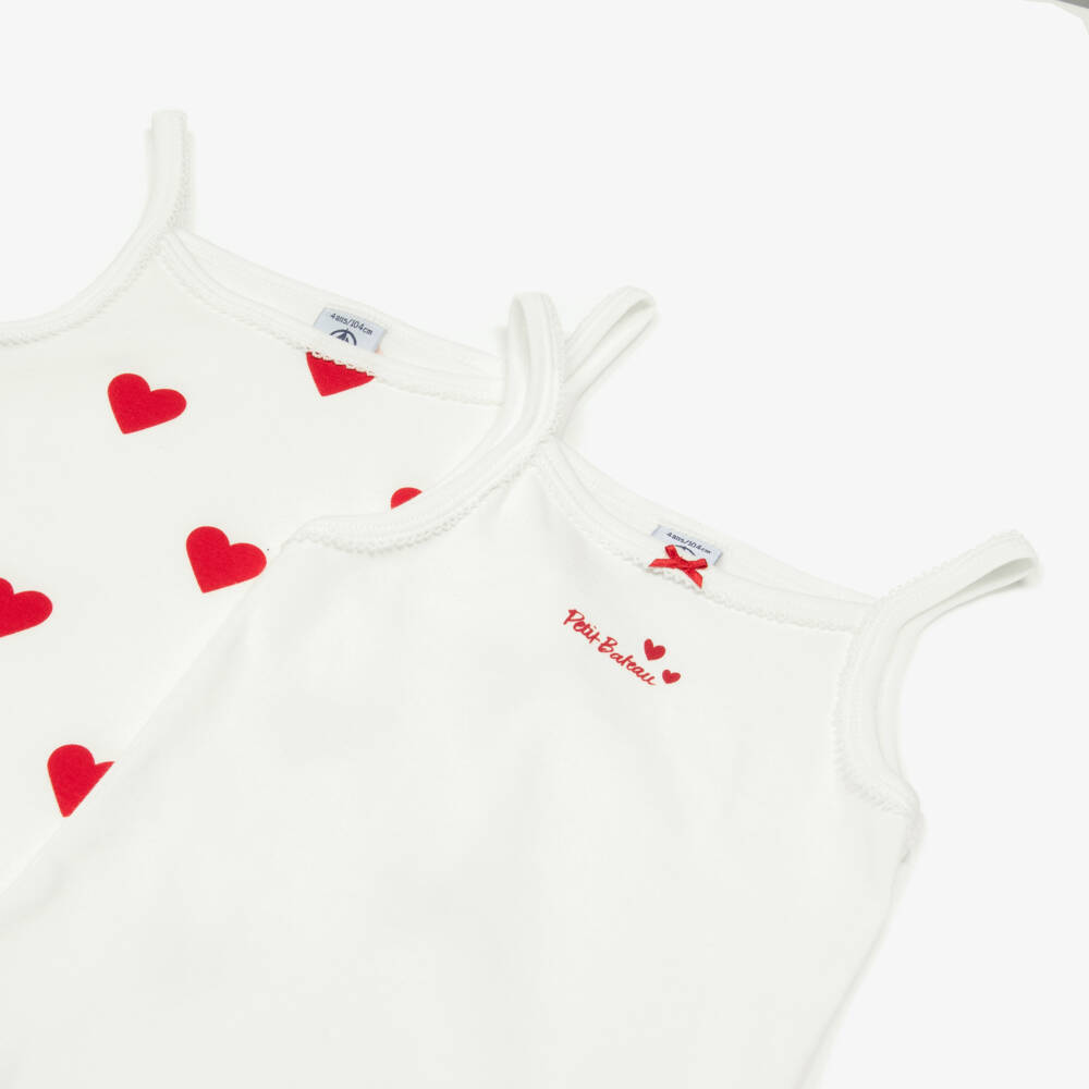 Petit Bateau-Girls Ivory Cotton Vests with Red Hearts (2 Pack) | Childrensalon