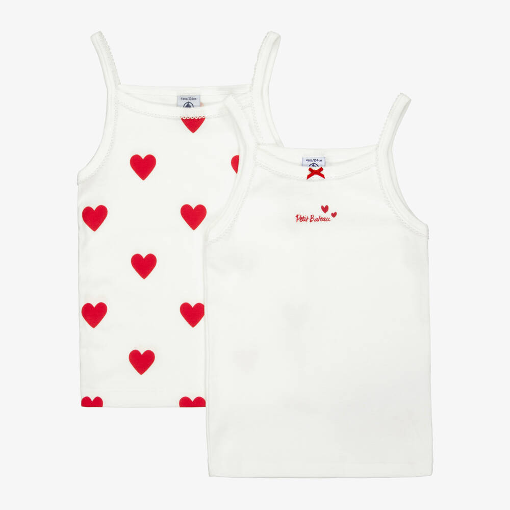 Petit Bateau-Girls Ivory Cotton Vests with Red Hearts (2 Pack) | Childrensalon
