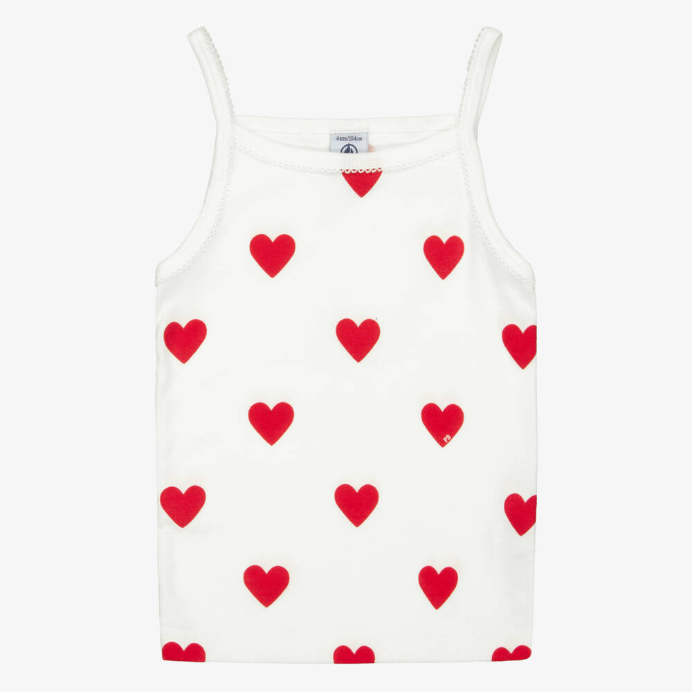 Petit Bateau-Girls Ivory Cotton Vests with Red Hearts (2 Pack) | Childrensalon