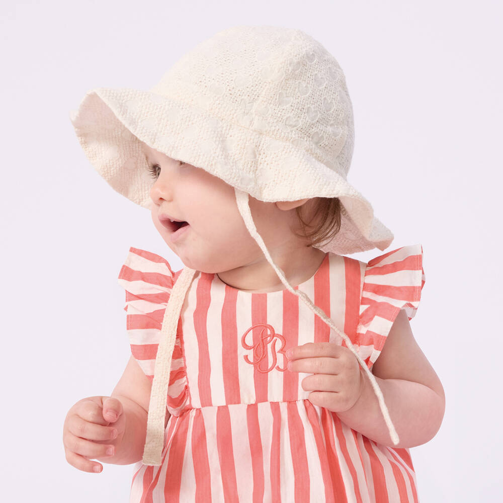 Petit Bateau-Girls Ivory Embroidered Cotton Sun Hat | Childrensalon