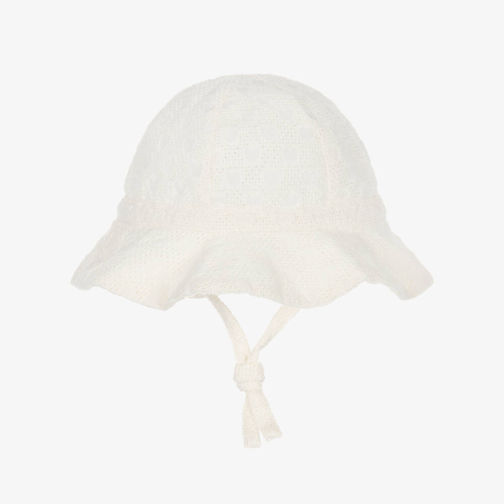 Petit Bateau-Girls Ivory Embroidered Cotton Sun Hat | Childrensalon