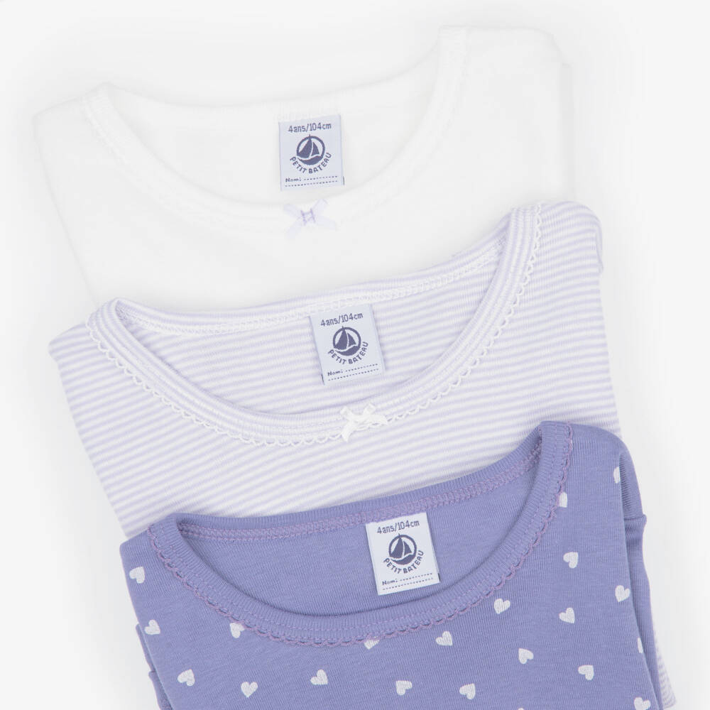 Petit Bateau-Girls Ivory & Lilac Cotton Tops (3 Pack) | Childrensalon