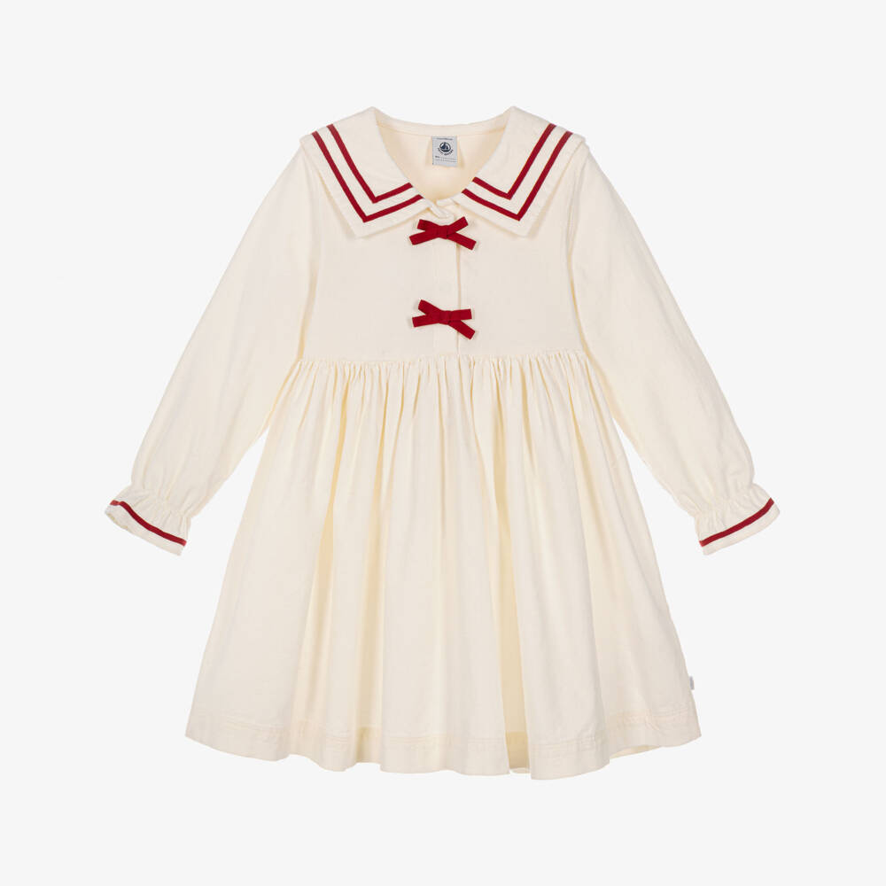Petit Bateau-Girls Ivory Needlecord Dress with Sailor Collar | Childrensalon