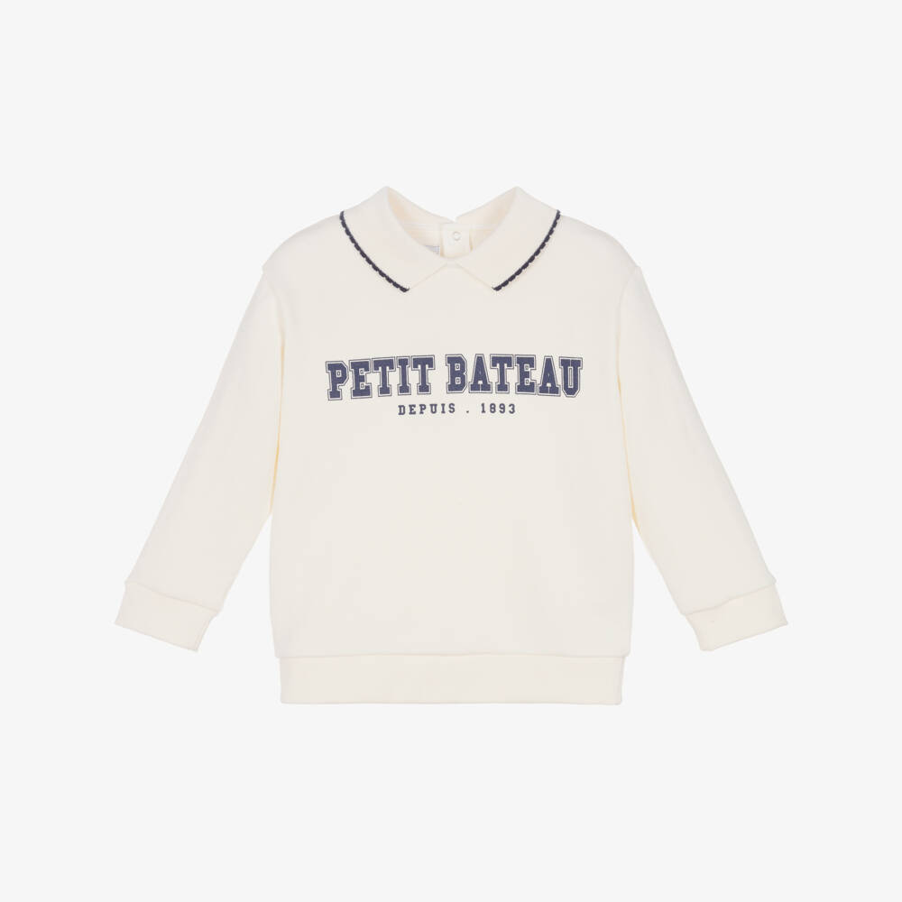 Petit Bateau-Girls Ivory Organic Cotton Collared Sweatshirt | Childrensalon