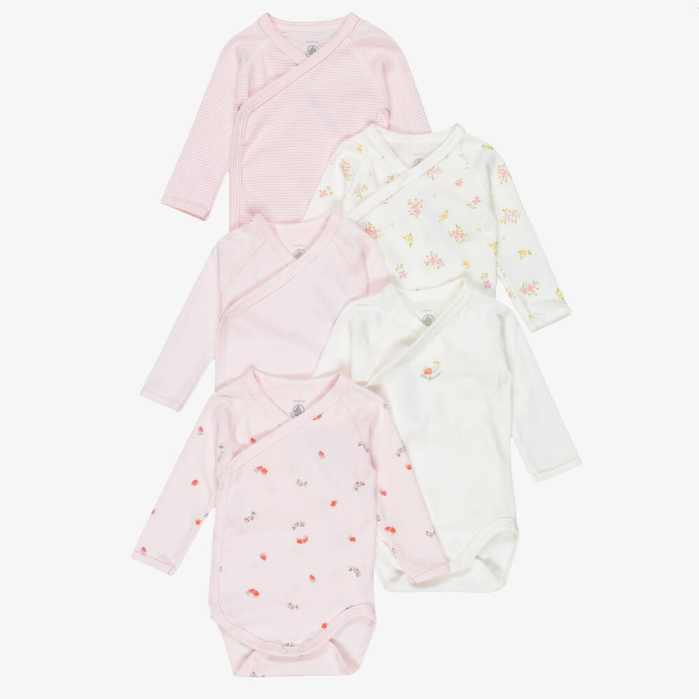 Petit Bateau-Girls Ivory & Pale Pink Cotton Baby Bodyvests (5 Pack) | Childrensalon