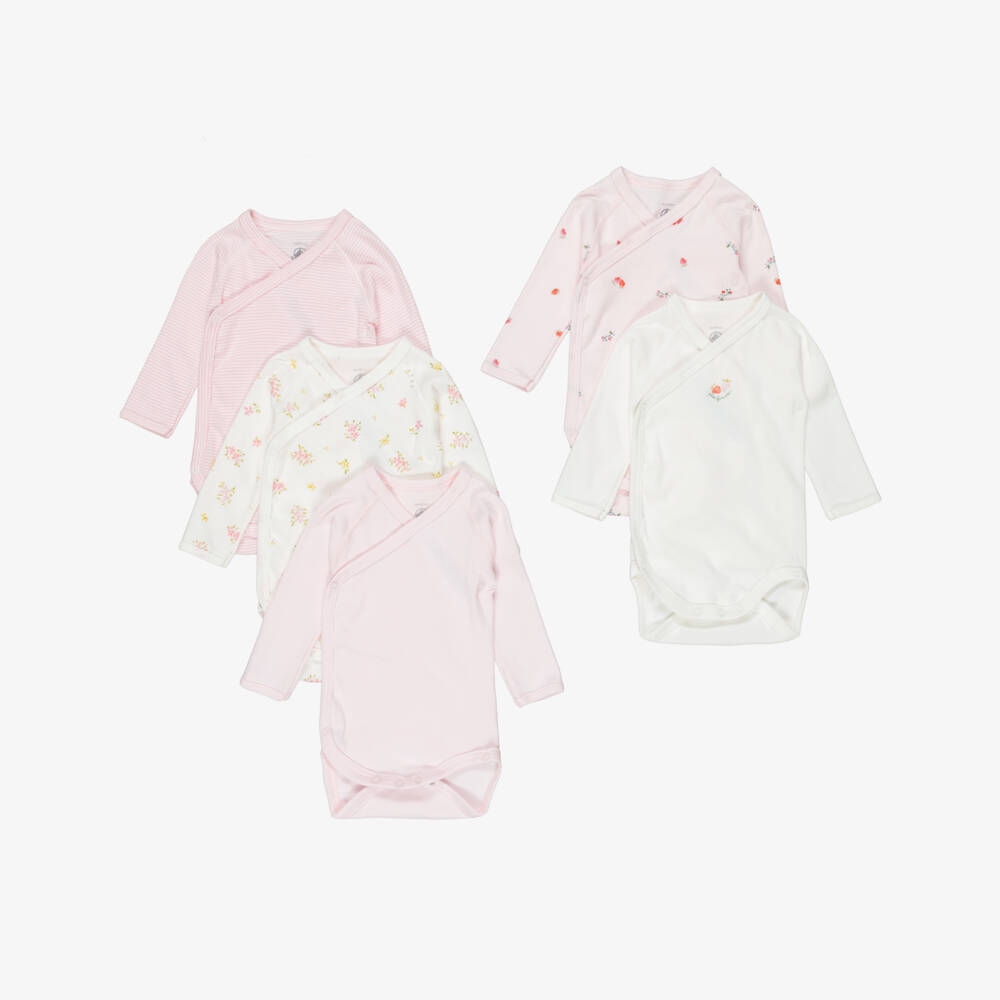 Petit Bateau-Girls Ivory & Pale Pink Cotton Baby Bodyvests (5 Pack) | Childrensalon