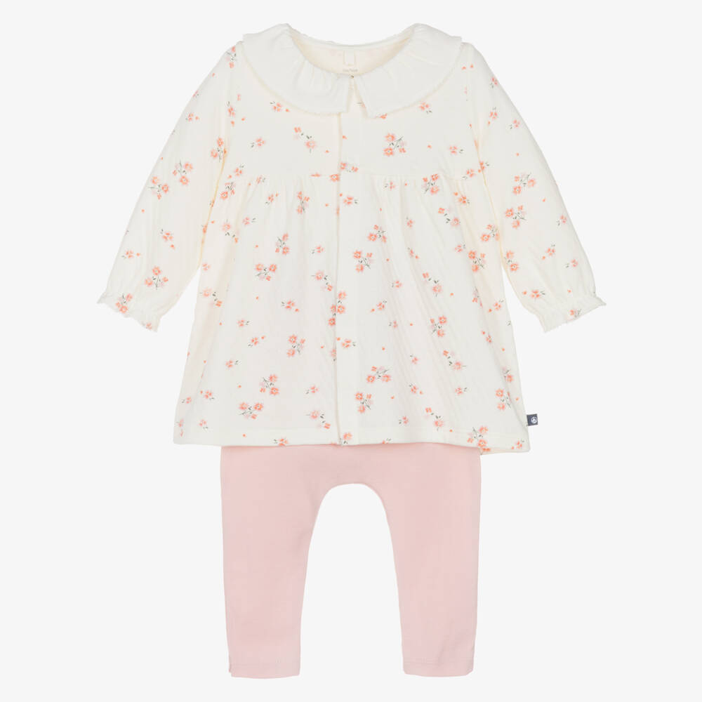 Petit Bateau-Girls Ivory & Pink Cotton Jersey Dress & Leggings Set | Childrensalon