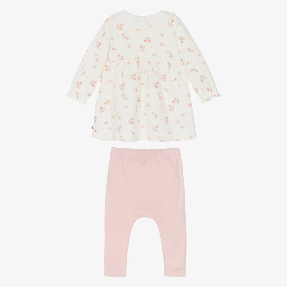 Petit Bateau-Girls Ivory & Pink Cotton Jersey Dress & Leggings Set | Childrensalon