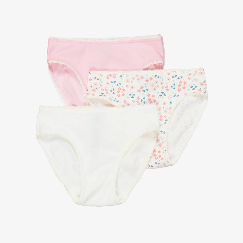 Petit Bateau-Girls Ivory & Pink Cotton Jersey Floral Knickers (3 Pack) | Childrensalon