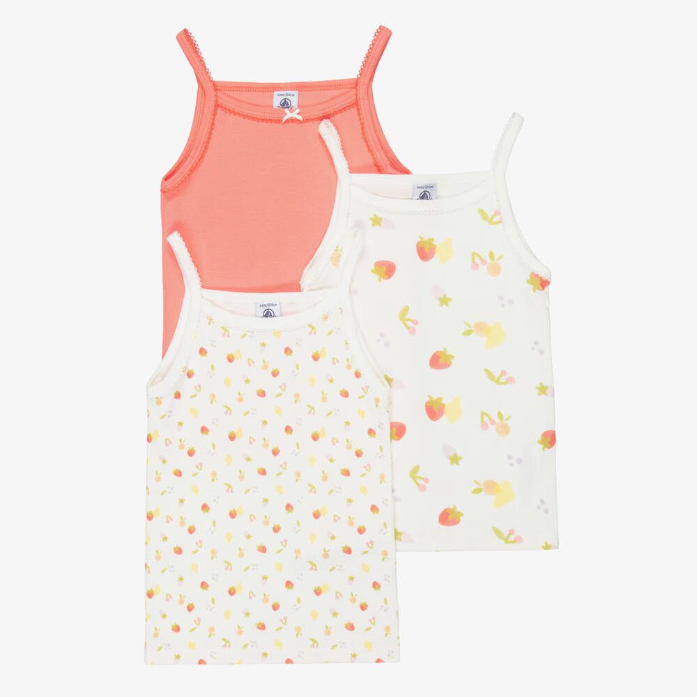 Petit Bateau-Girls Ivory & Pink Cotton Vests with Fruit Print (3 Pack) | Childrensalon