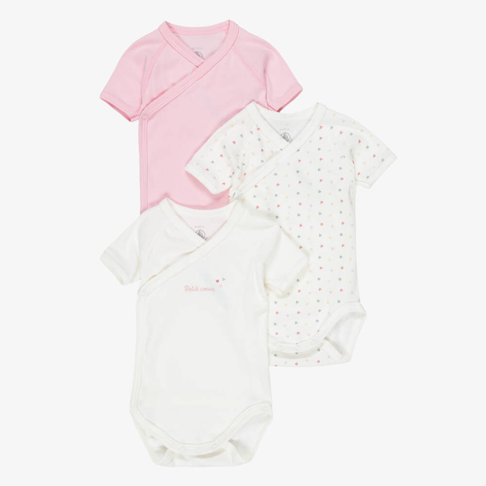 Petit Bateau-Girls Ivory & Pink Cotton Wrap-Over Bodyvests (3 Pack) | Childrensalon