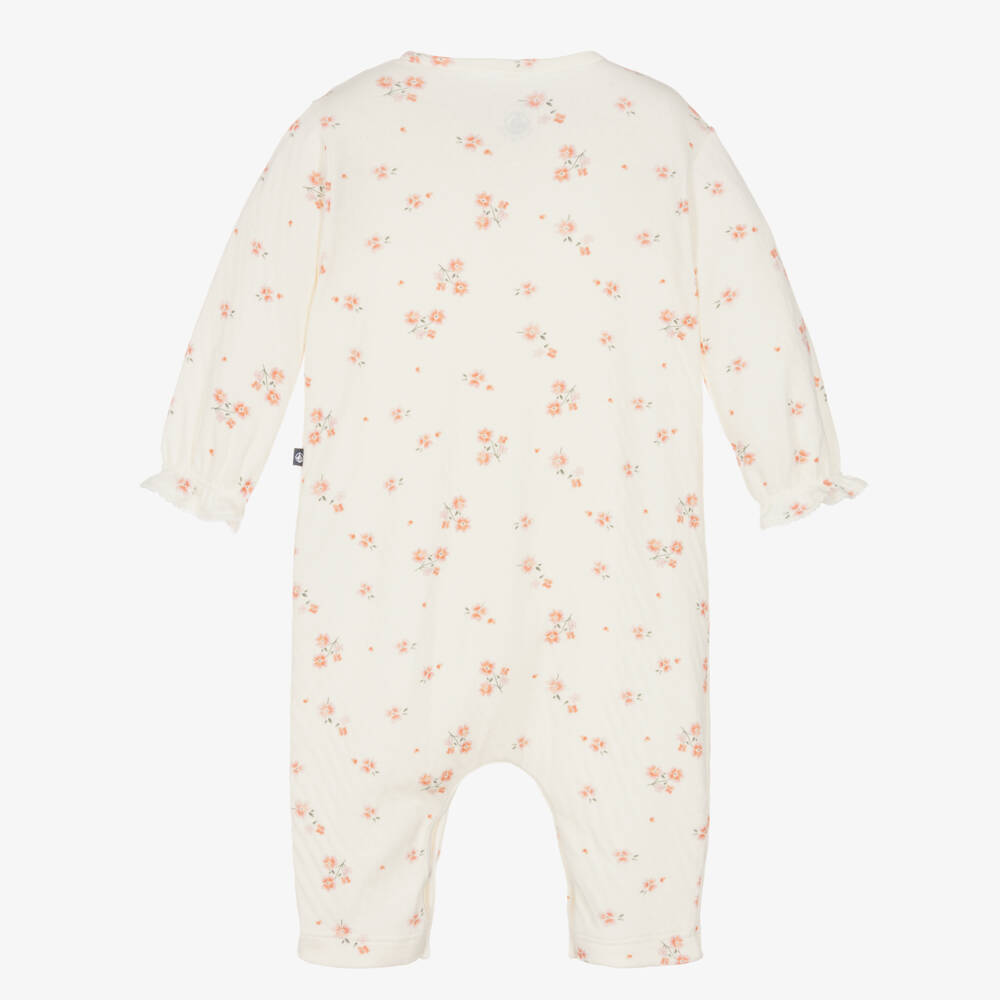 Petit Bateau-Girls Ivory & Pink Floral Cotton Babysuit | Childrensalon