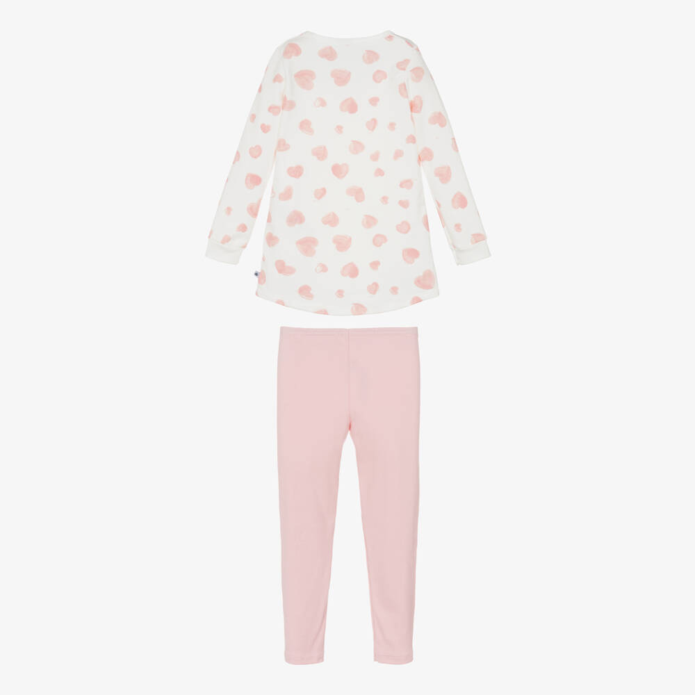 Petit Bateau-Girls Ivory & Pink Heart Organic Cotton Jersey Pyjamas | Childrensalon