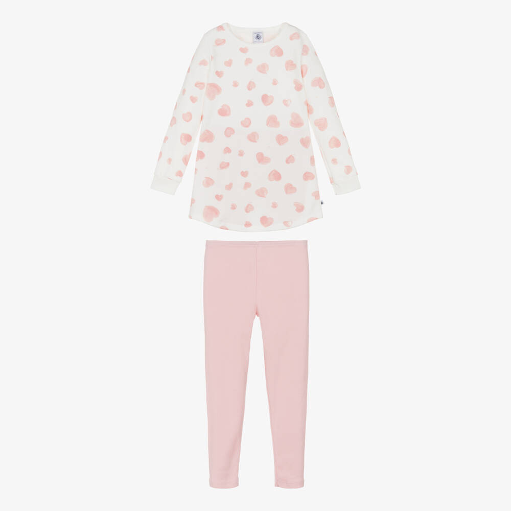 Petit Bateau-Girls Ivory & Pink Heart Organic Cotton Jersey Pyjamas | Childrensalon