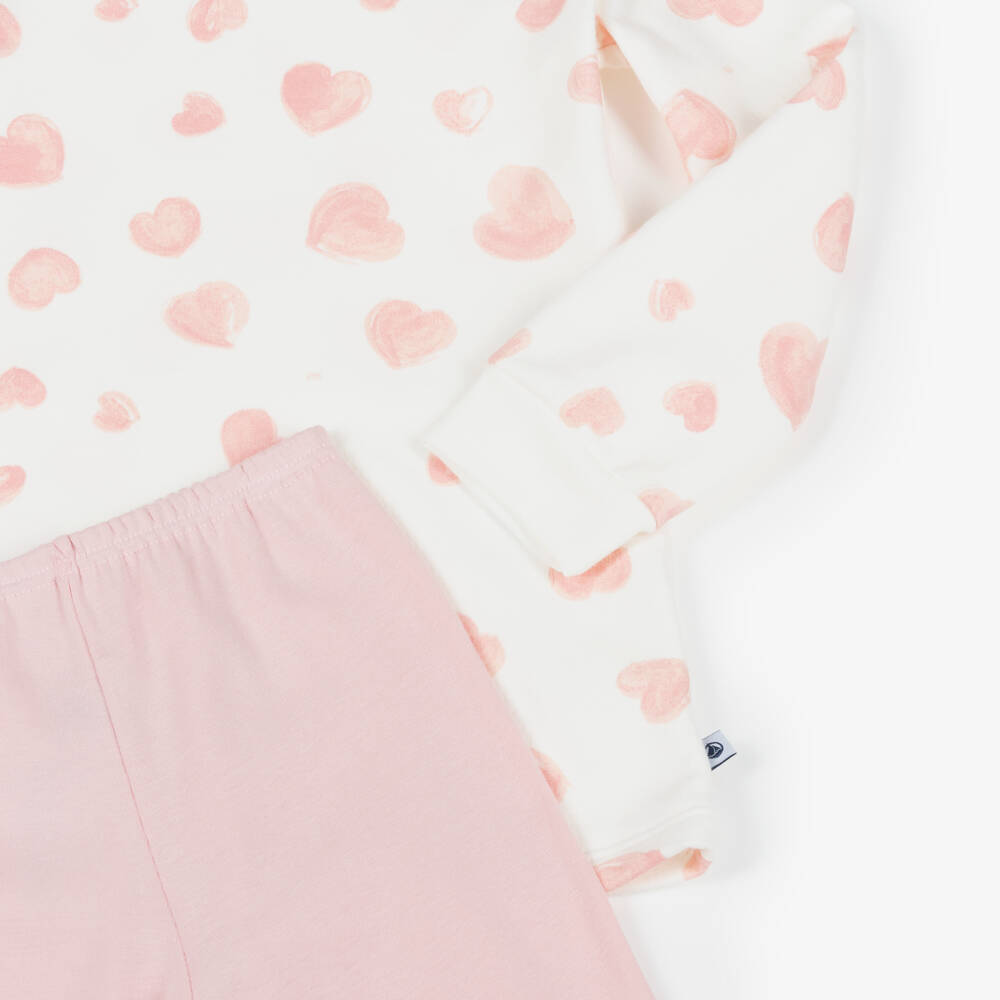 Petit Bateau-Girls Ivory & Pink Heart Organic Cotton Jersey Pyjamas | Childrensalon