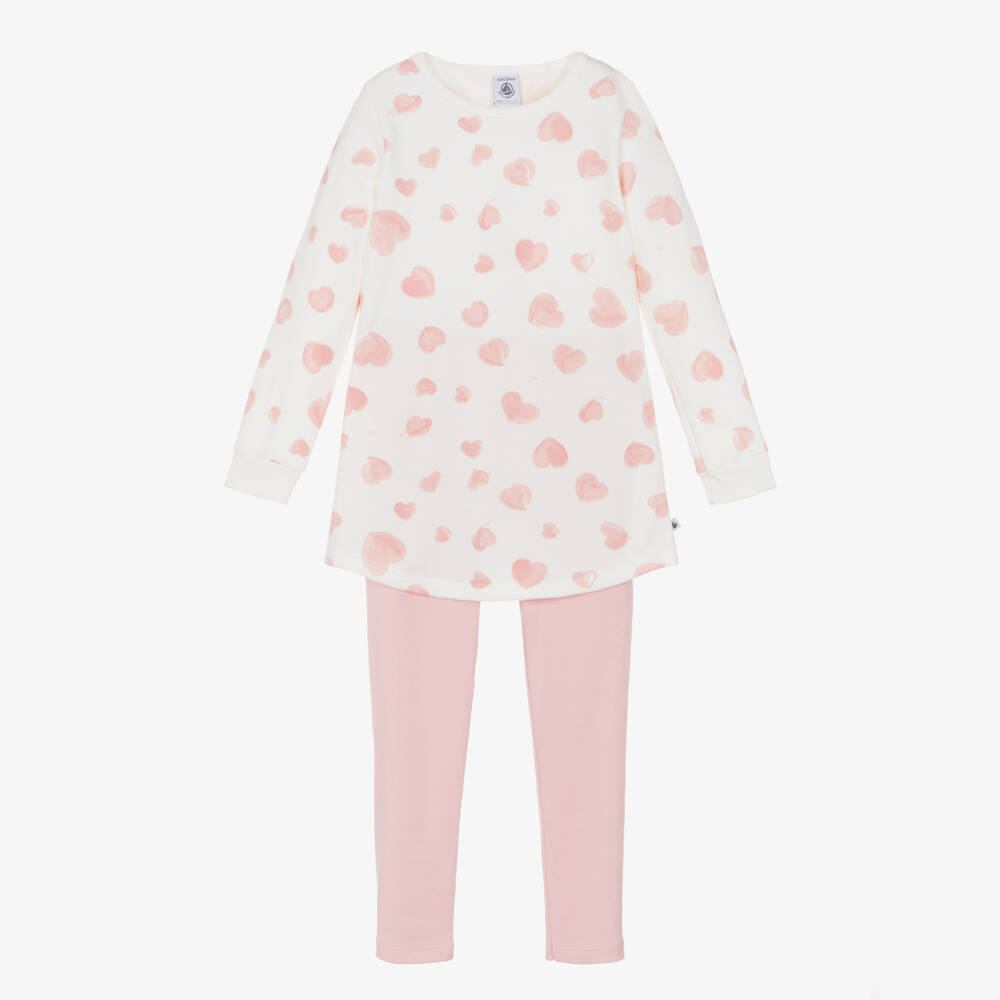 Petit Bateau-Girls Ivory & Pink Heart Organic Cotton Jersey Pyjamas | Childrensalon