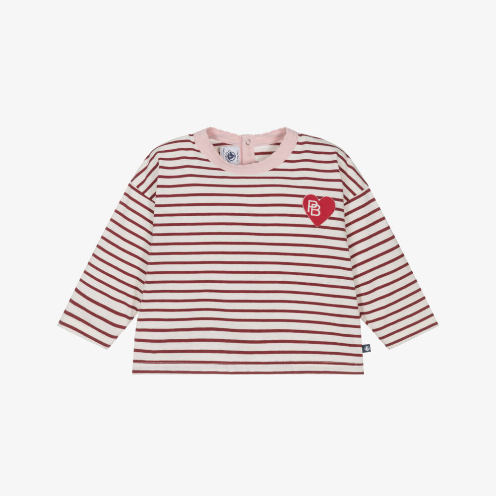 Petit Bateau-Girls Ivory & Red Breton Stripe Cotton Top with Heart Logo | Childrensalon