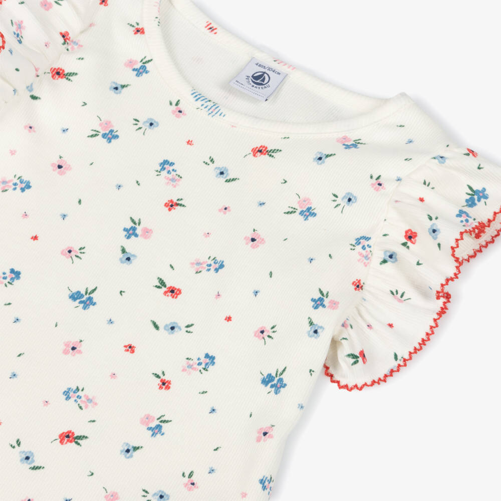 Petit Bateau-Топ кремовый в рубчик с мелким цветочным принтом для девочек | Childrensalon