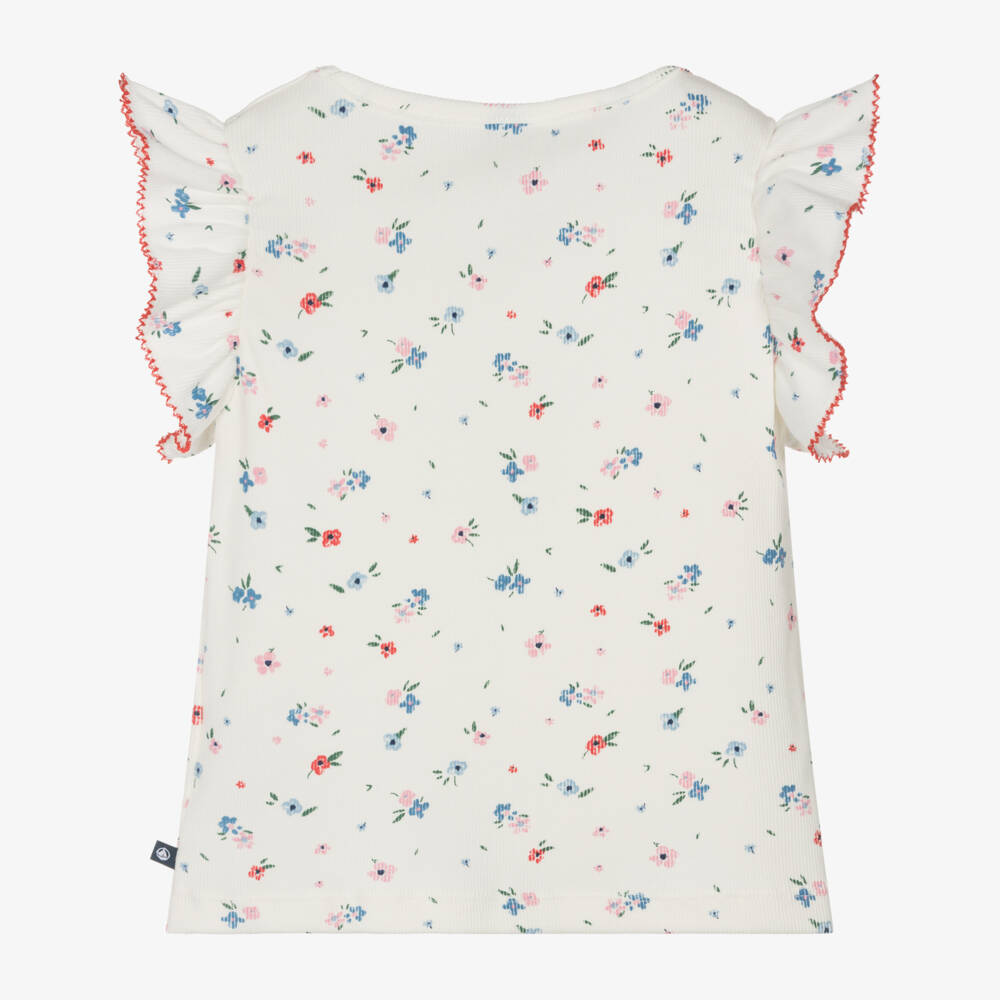 Petit Bateau-Топ кремовый в рубчик с мелким цветочным принтом для девочек | Childrensalon