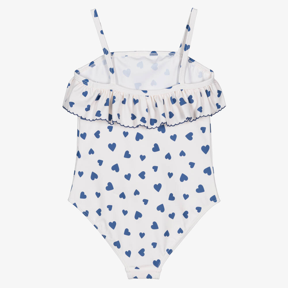 Petit Bateau-Girls Ivory Ruffle Swimsuit with Blue Hearts | Childrensalon