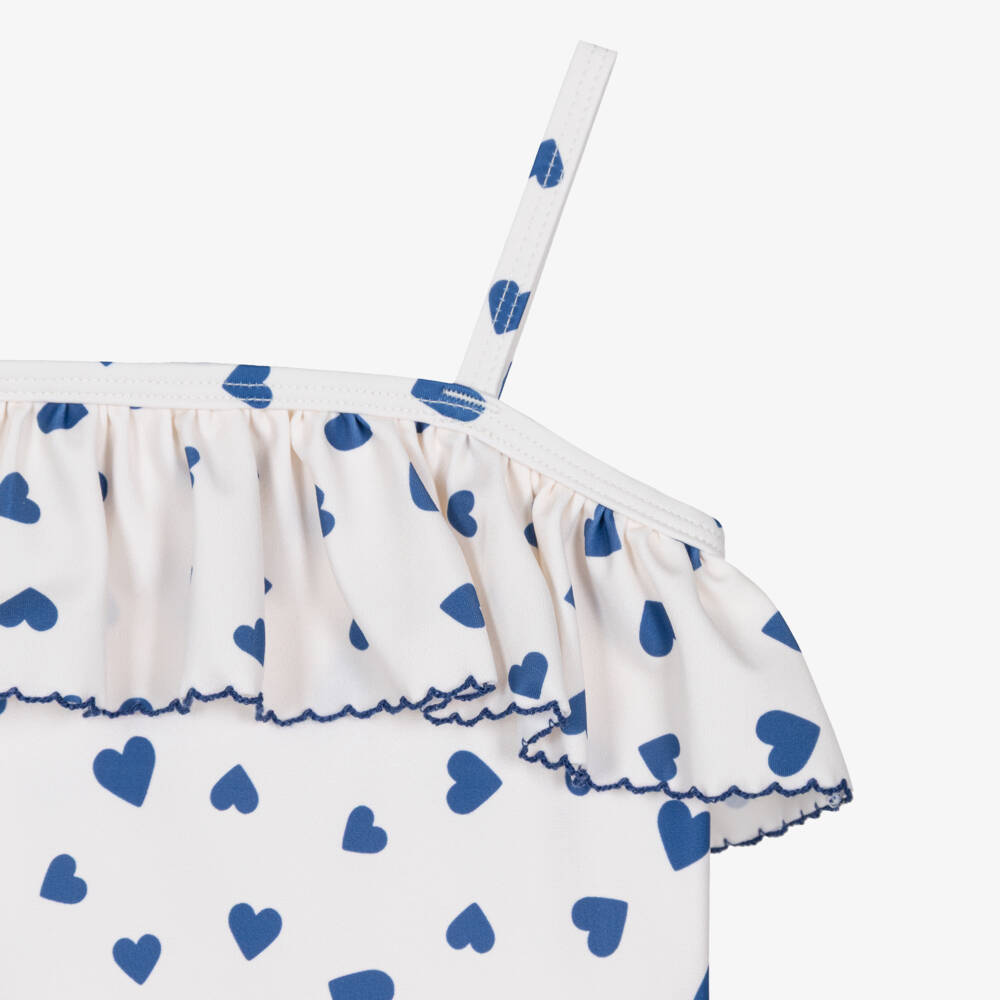 Petit Bateau-Girls Ivory Ruffle Swimsuit with Blue Hearts | Childrensalon
