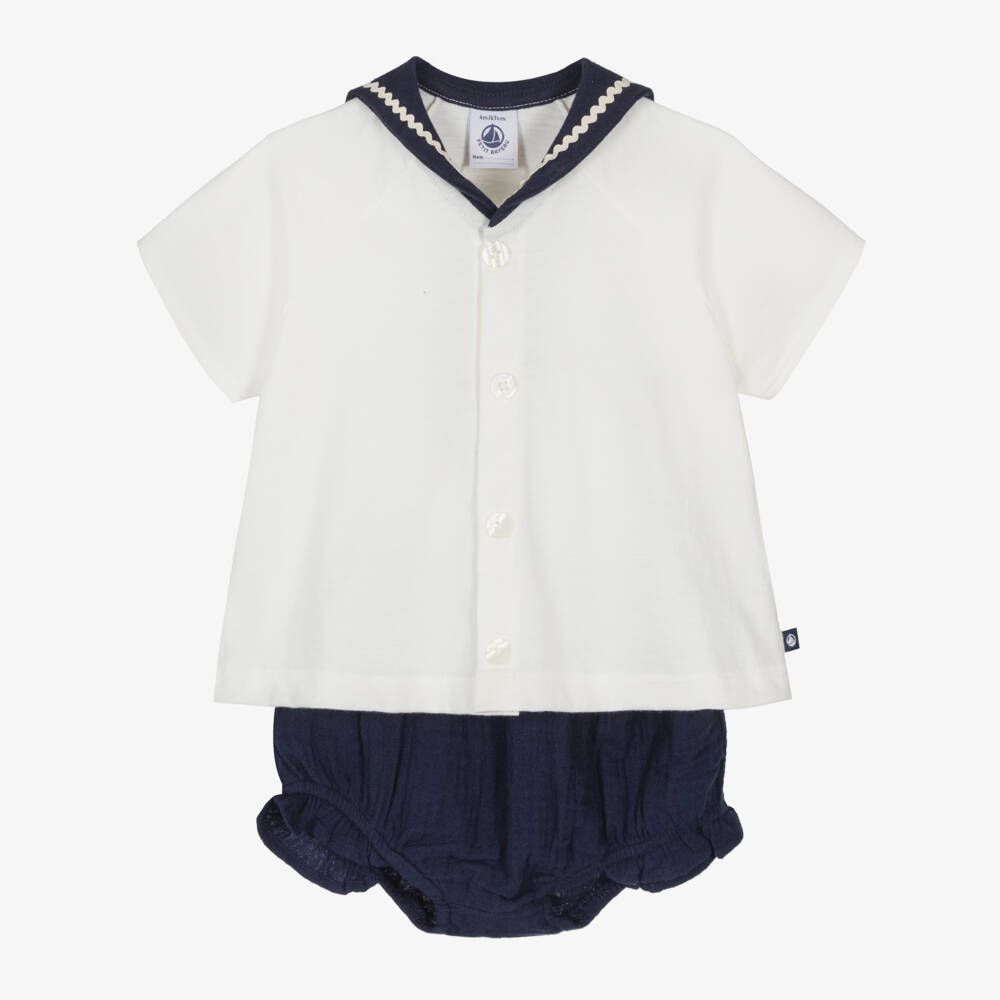 Petit Bateau-Girls Ivory Sailor Top & Navy Blue Shorts Set | Childrensalon