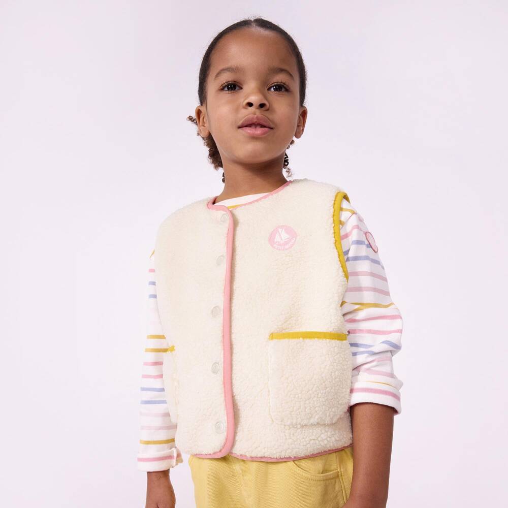 Petit Bateau-Girls Ivory Sherpa Gilet with Pink & Yellow Trims | Childrensalon
