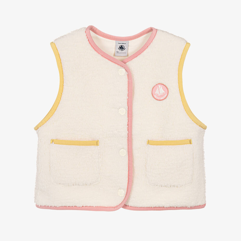 Petit Bateau-Girls Ivory Sherpa Gilet with Pink & Yellow Trims | Childrensalon