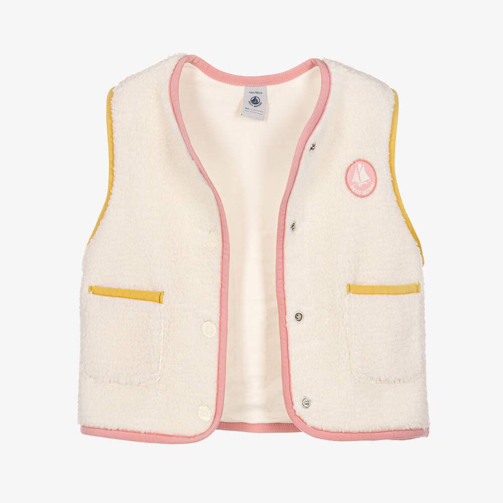 Petit Bateau-Girls Ivory Sherpa Gilet with Pink & Yellow Trims | Childrensalon
