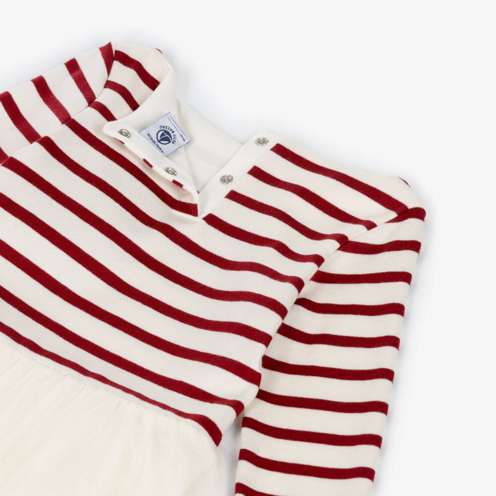 Petit Bateau-فستان مخطط تول وجيرسي لون عاجي للبنات | Childrensalon
