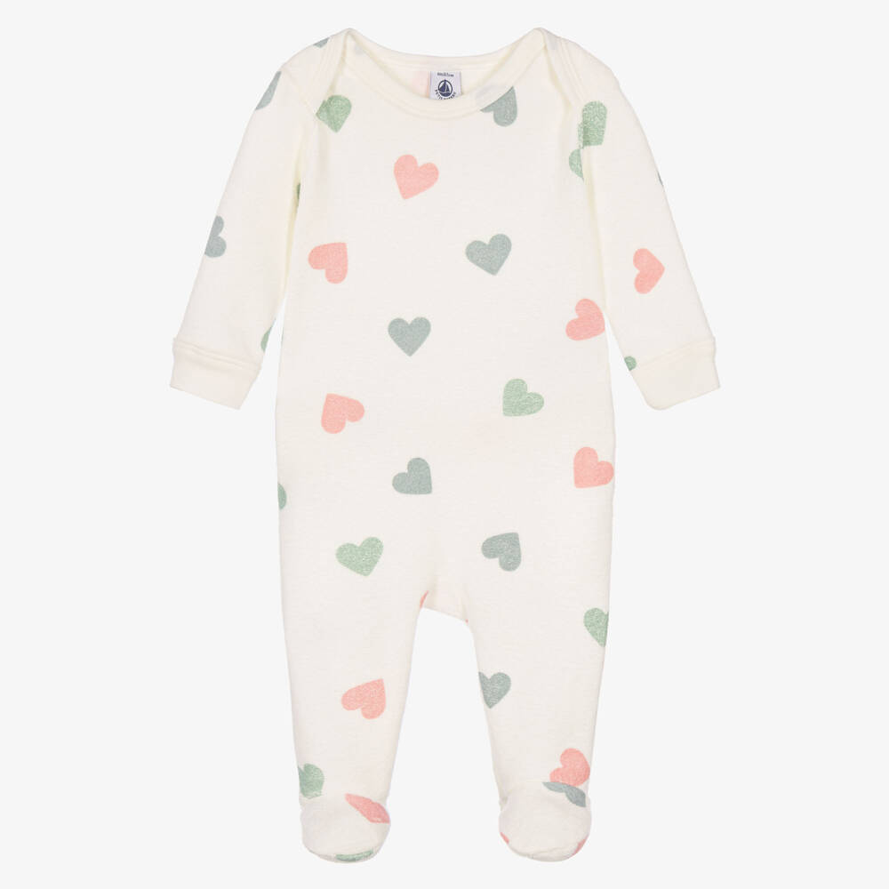 Petit Bateau-Girls Ivory Towelling Babygrow with Envelope Neckline | Childrensalon